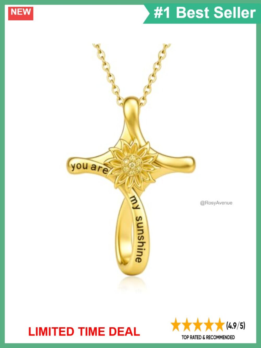 14K Gold Sunflower Cross Pendant Necklace 18+2" Adjustable Chain Women